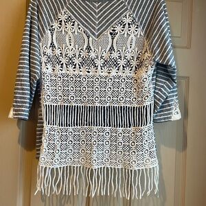Erin London Striped Gray/Blue and White Crochet Top‎ with Fringe, Size M